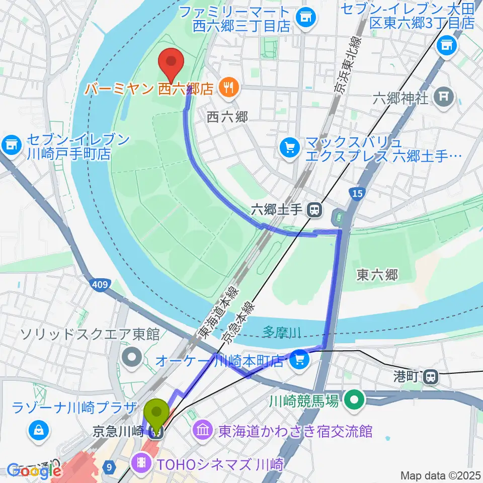 京急川崎駅から多摩川緑地サッカー場へのルートマップ地図