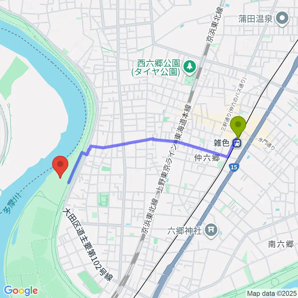 雑色駅から大田区区民広場へのルートマップ地図