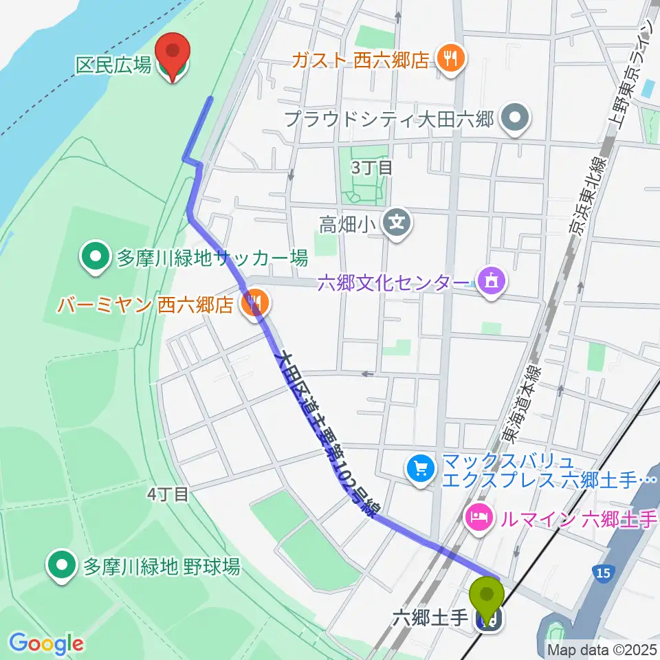 大田区区民広場の最寄駅六郷土手駅からの徒歩ルート（約15分）地図