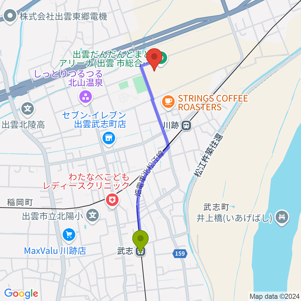 武志駅から出雲だんだんとまとアリーナへのルートマップ地図