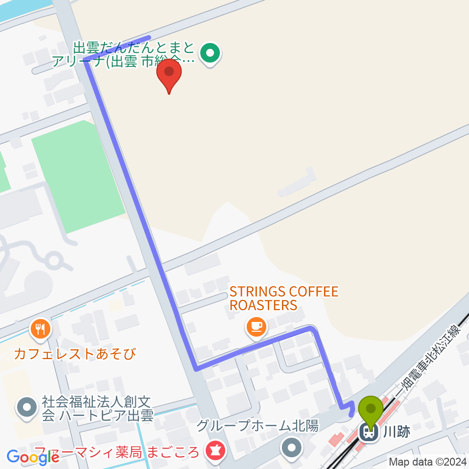 出雲だんだんとまとアリーナの最寄駅川跡駅からの徒歩ルート（約7分）地図