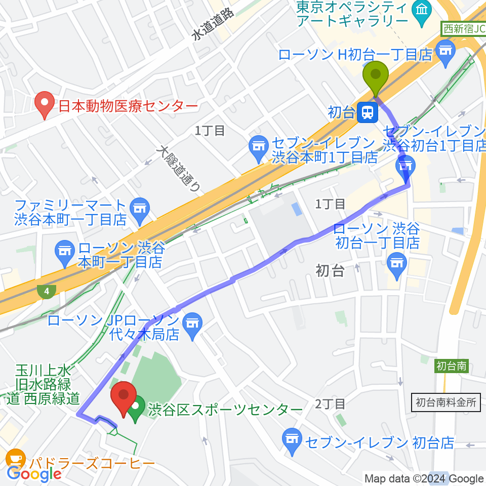 初台駅から渋谷区スポーツセンター運動場へのルートマップ地図