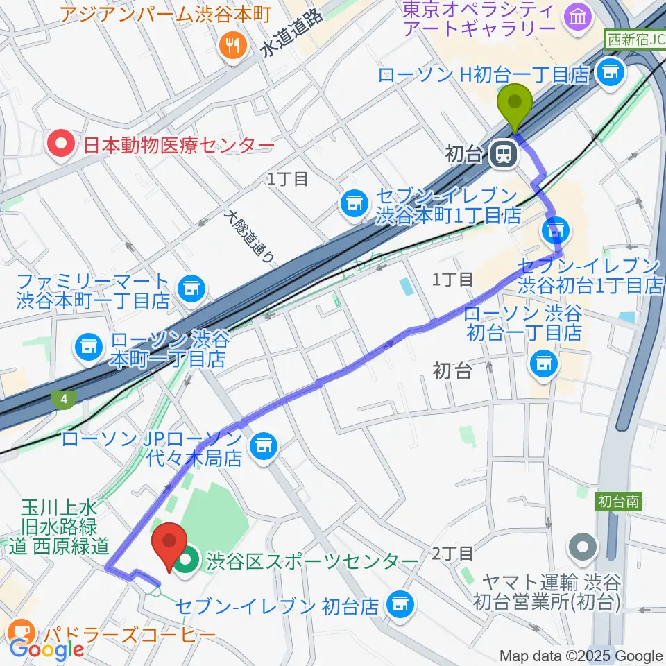 初台駅から渋谷区スポーツセンター運動場へのルートマップ地図