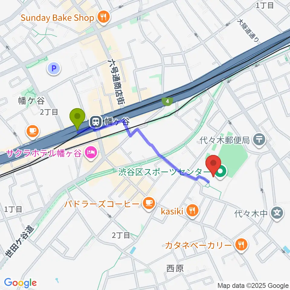渋谷区スポーツセンター運動場の最寄駅幡ヶ谷駅からの徒歩ルート（約8分）地図