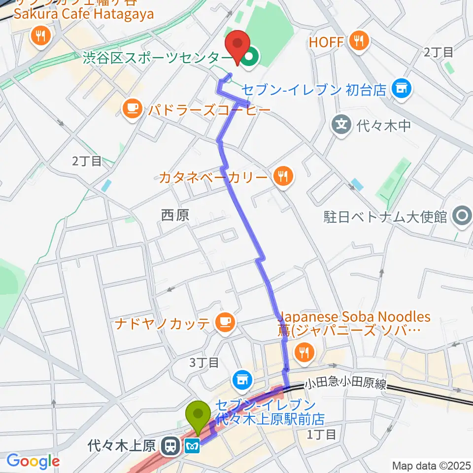 代々木上原駅から渋谷区スポーツセンター運動場へのルートマップ地図