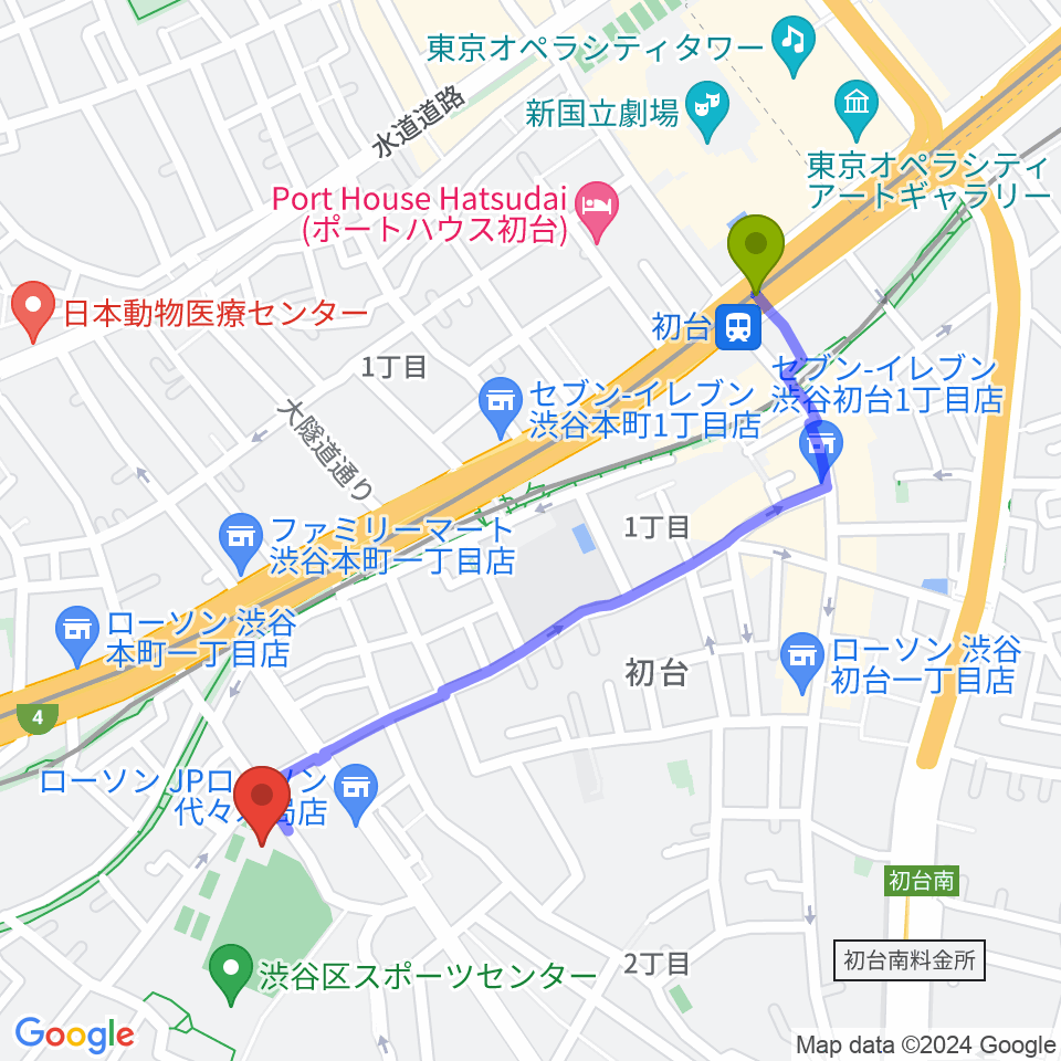 初台駅から渋谷区スポーツセンターフットサル場へのルートマップ地図