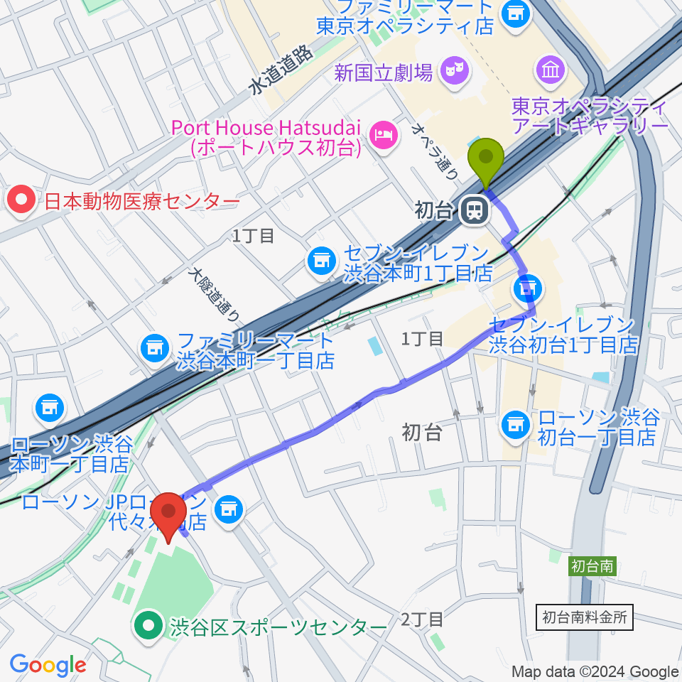 初台駅から渋谷区スポーツセンターフットサル場へのルートマップ地図