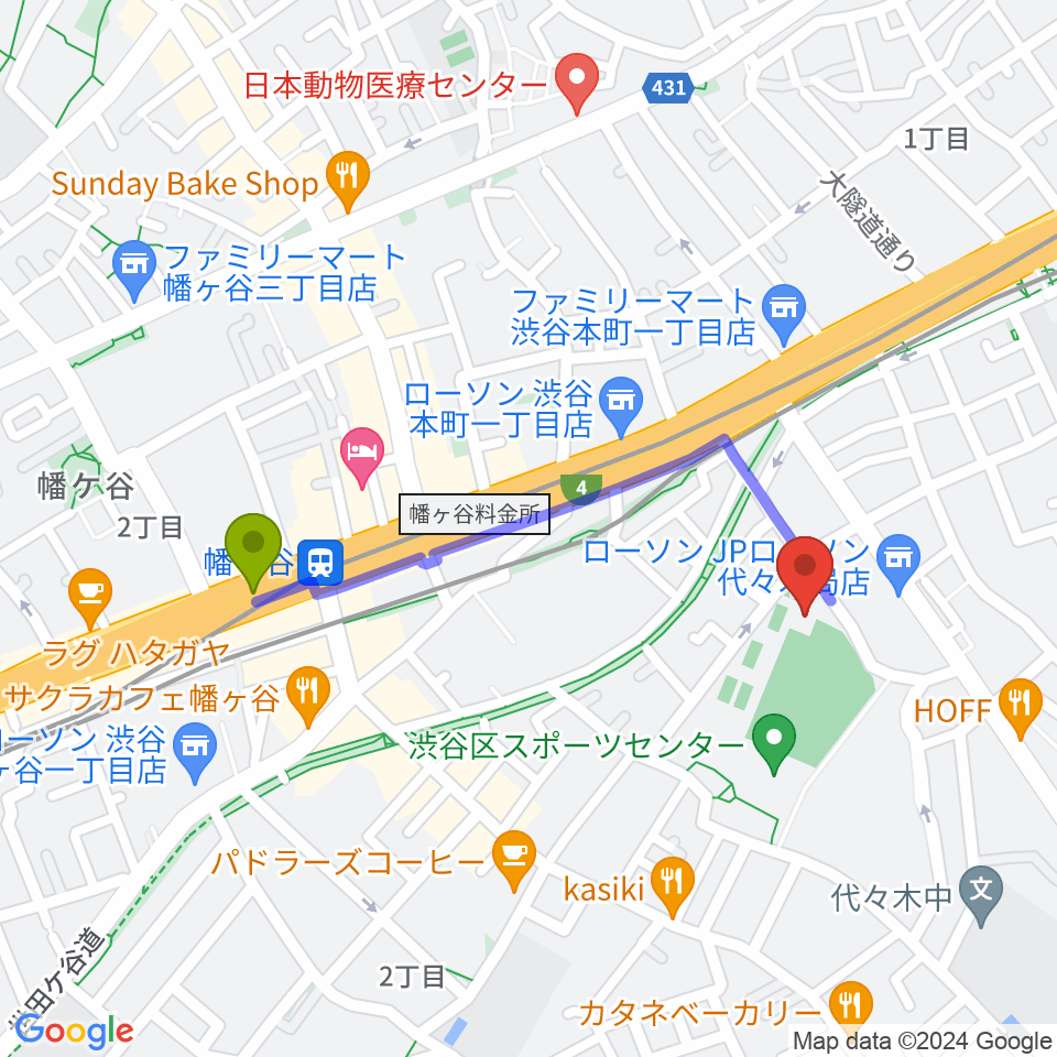 渋谷区スポーツセンターフットサル場の最寄駅幡ヶ谷駅からの徒歩ルート（約8分）地図
