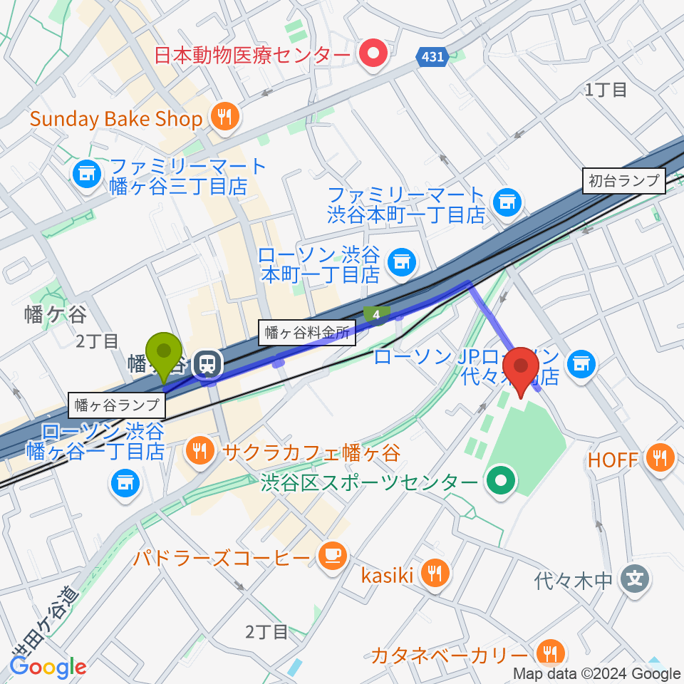 渋谷区スポーツセンターフットサル場の最寄駅幡ヶ谷駅からの徒歩ルート（約8分）地図