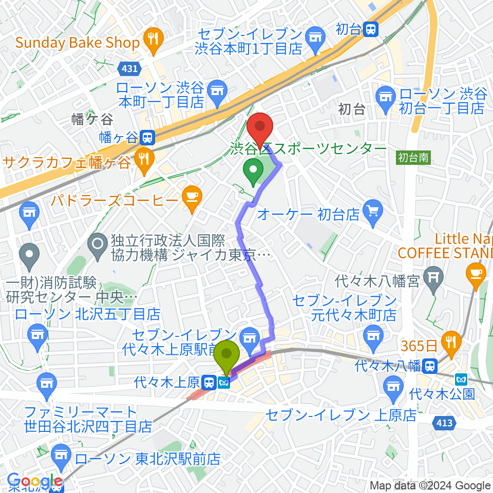 代々木上原駅から渋谷区スポーツセンターフットサル場へのルートマップ地図
