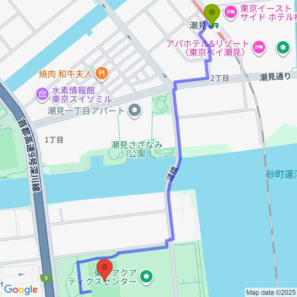 潮見駅から辰巳の森海浜公園ラグビー練習場へのルートマップ地図