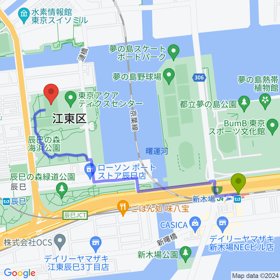 新木場駅から辰巳の森海浜公園ラグビー練習場へのルートマップ地図