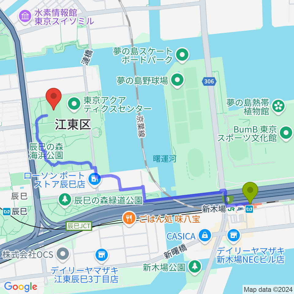 新木場駅から辰巳の森海浜公園ラグビー練習場へのルートマップ地図