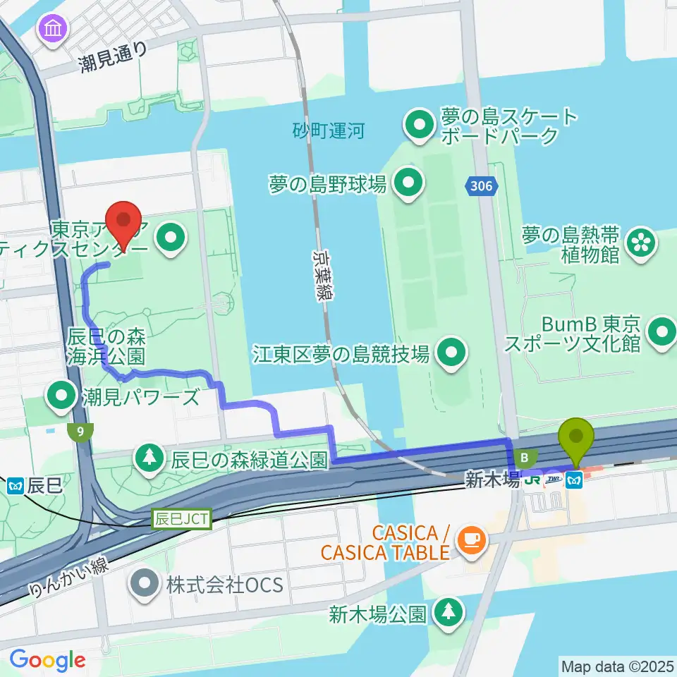 新木場駅から辰巳の森海浜公園ラグビー練習場へのルートマップ地図