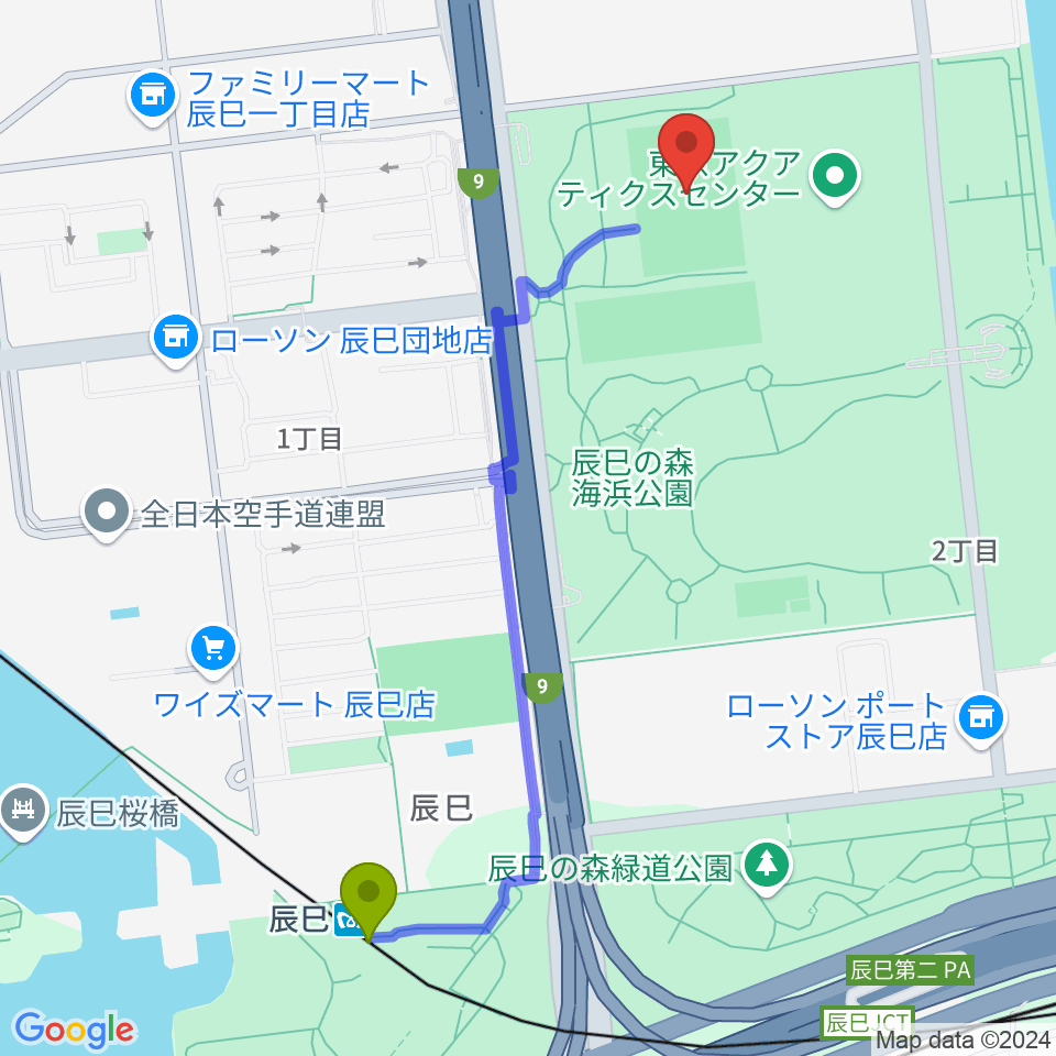 辰巳の森海浜公園ラグビー練習場の最寄駅辰巳駅からの徒歩ルート（約12分）地図