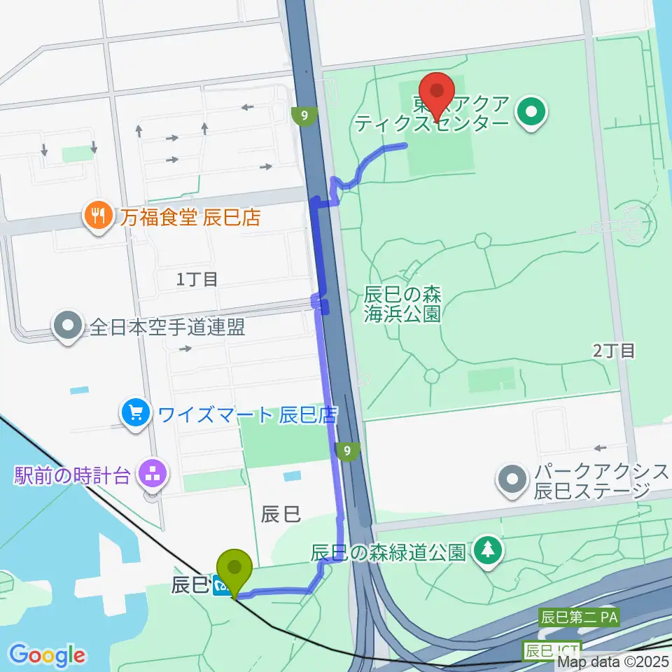 辰巳の森海浜公園ラグビー練習場の最寄駅辰巳駅からの徒歩ルート（約12分）地図