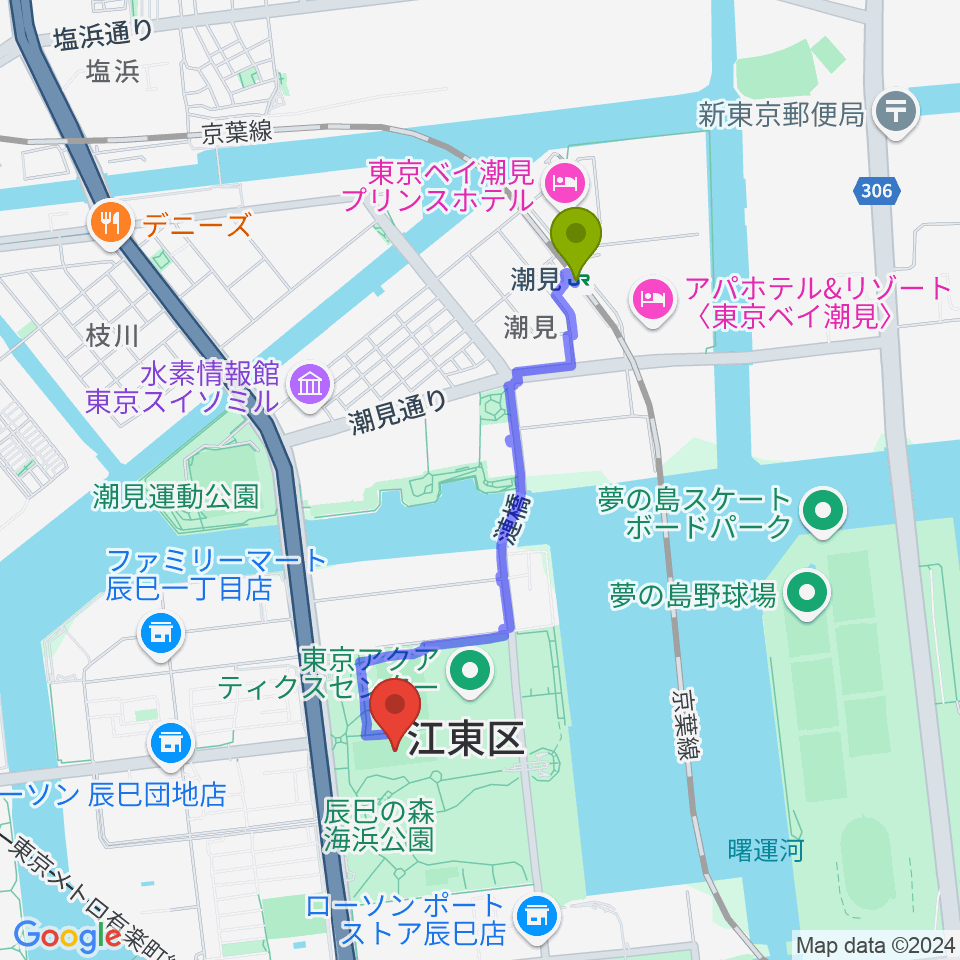 潮見駅から辰巳の森海浜公園少年広場へのルートマップ地図