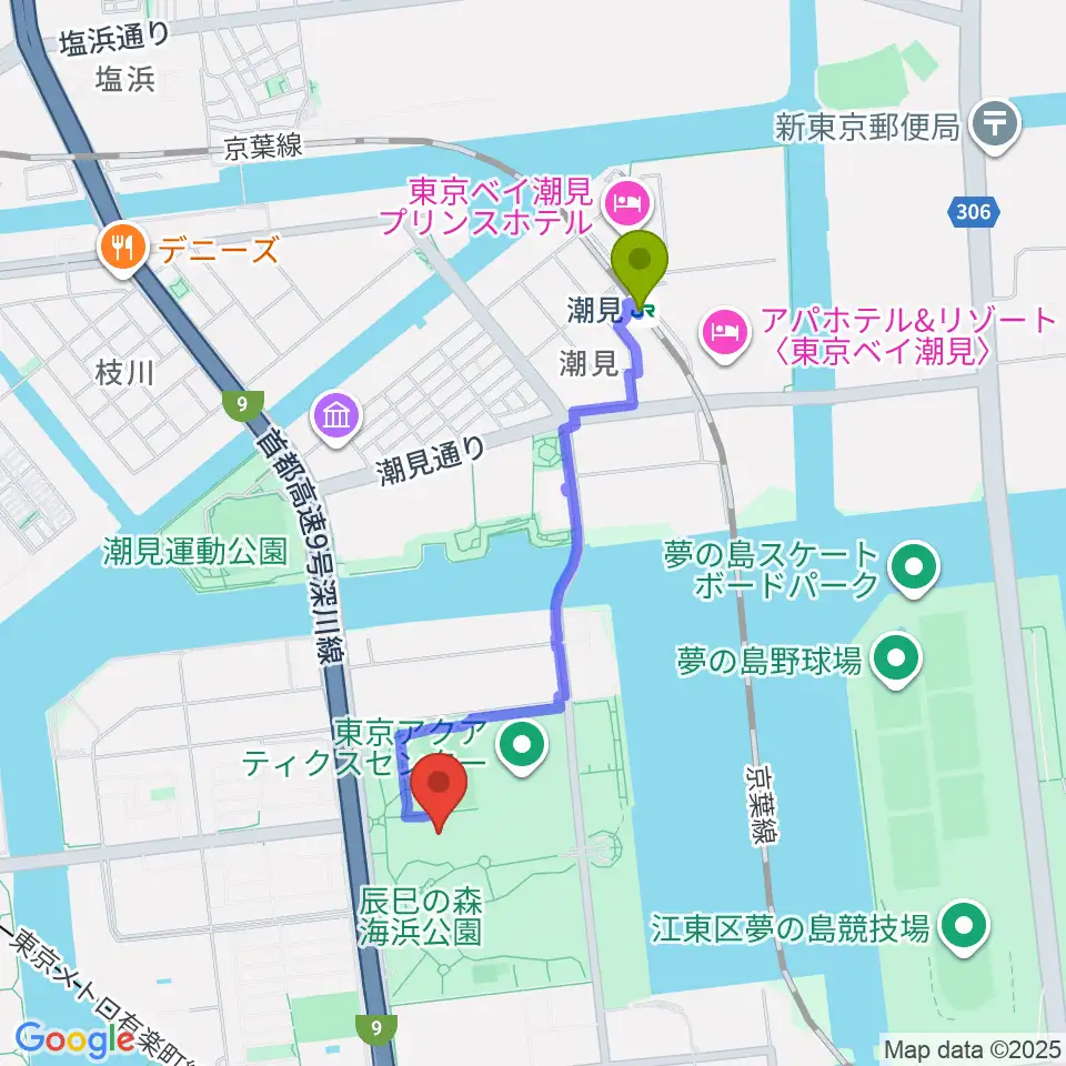 潮見駅から辰巳の森海浜公園少年広場へのルートマップ地図