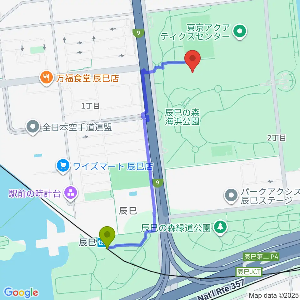 辰巳の森海浜公園少年広場の最寄駅辰巳駅からの徒歩ルート（約10分）地図