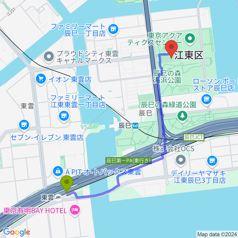 東雲駅から辰巳の森海浜公園少年広場へのルートマップ地図