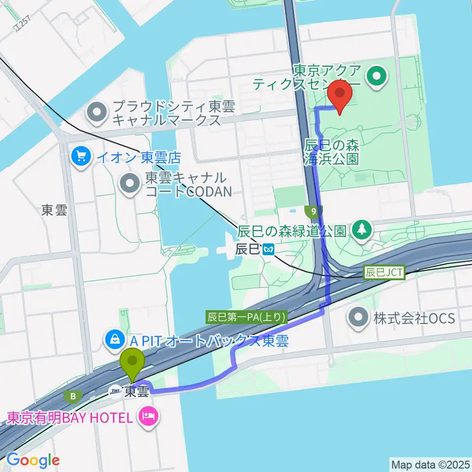 東雲駅から辰巳の森海浜公園少年広場へのルートマップ地図