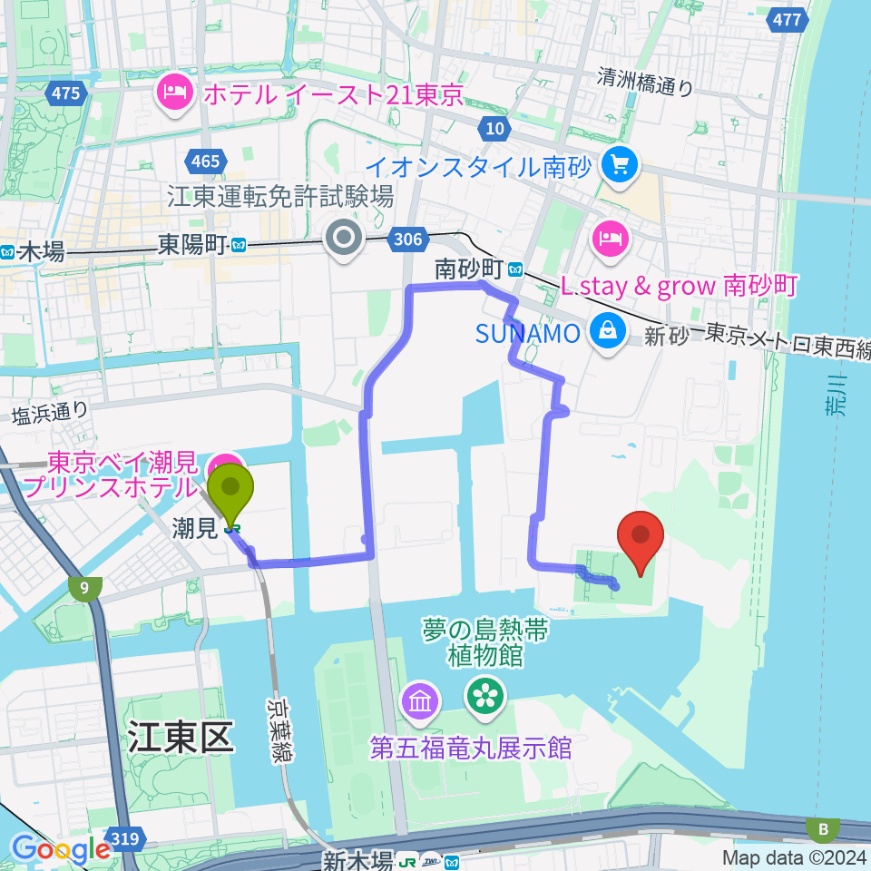 潮見駅から新砂運動場サッカー場へのルートマップ地図