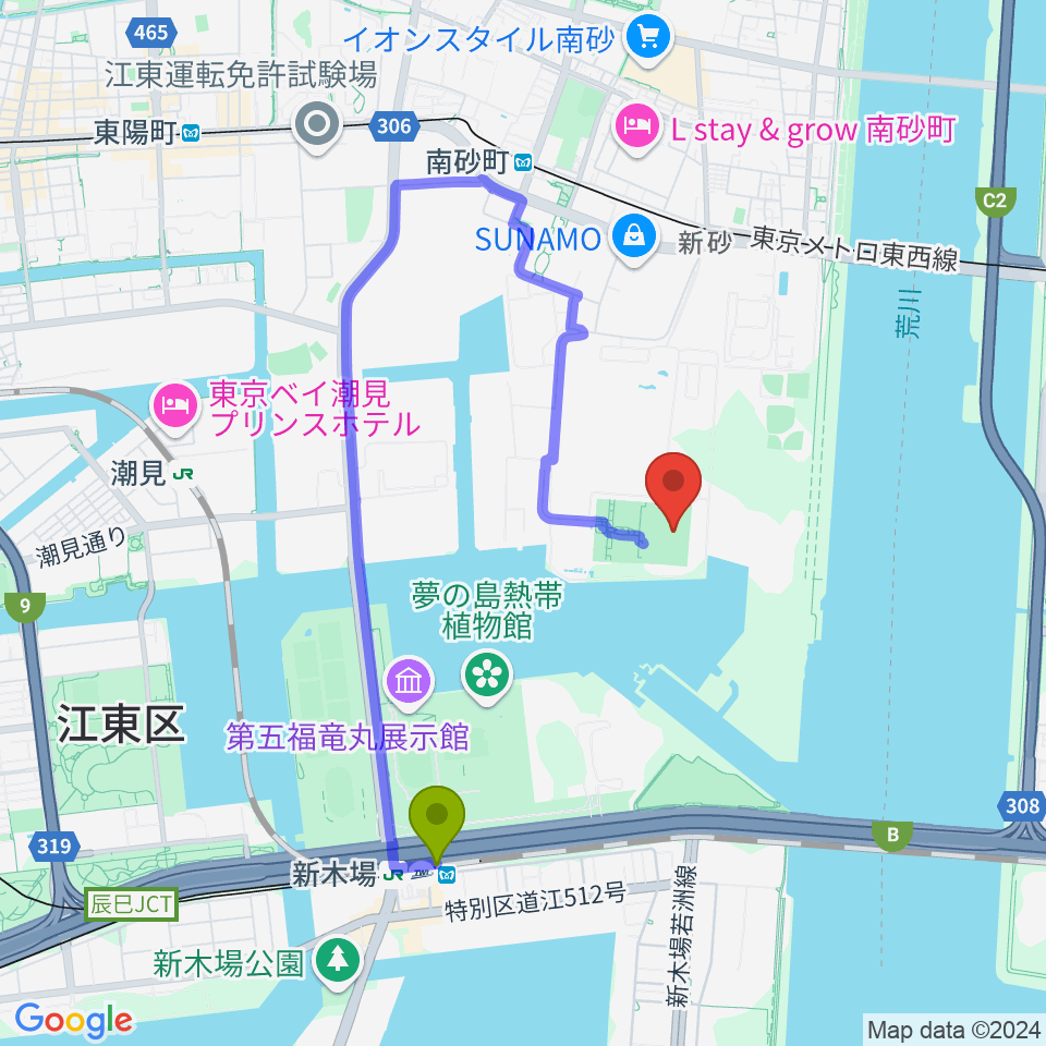 新木場駅から新砂運動場サッカー場へのルートマップ地図