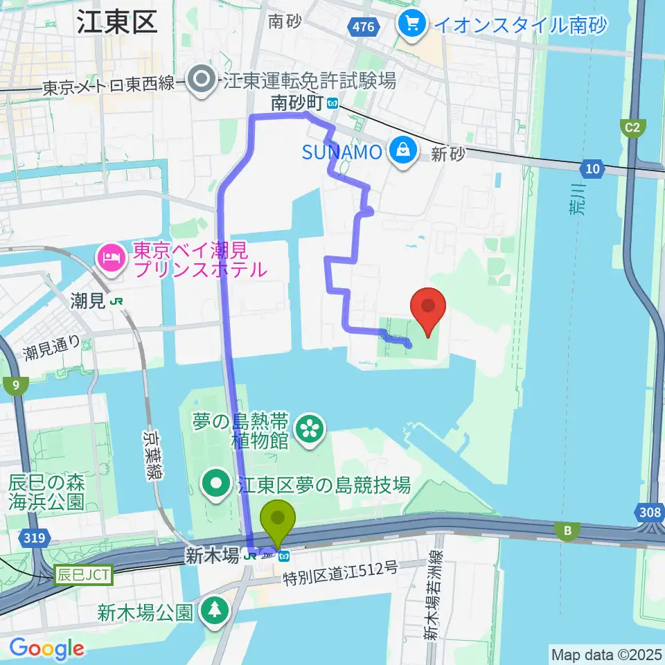 新木場駅から新砂運動場サッカー場へのルートマップ地図