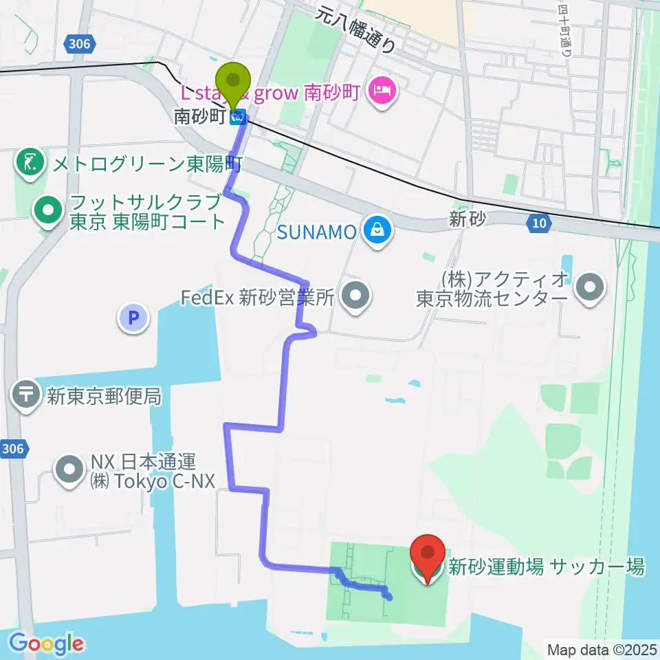 新砂運動場サッカー場の最寄駅南砂町駅からの徒歩ルート（約24分）地図