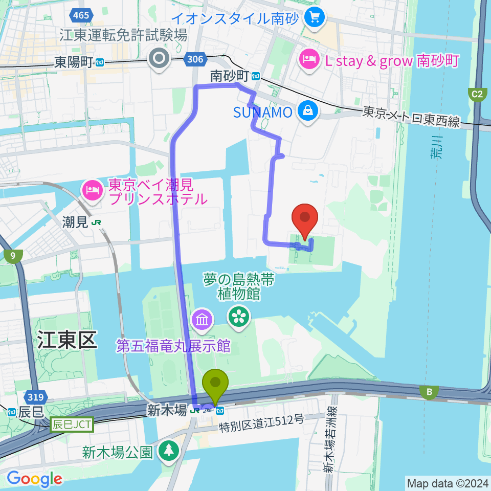 新木場駅から新砂運動場第一・第二運動場へのルートマップ地図