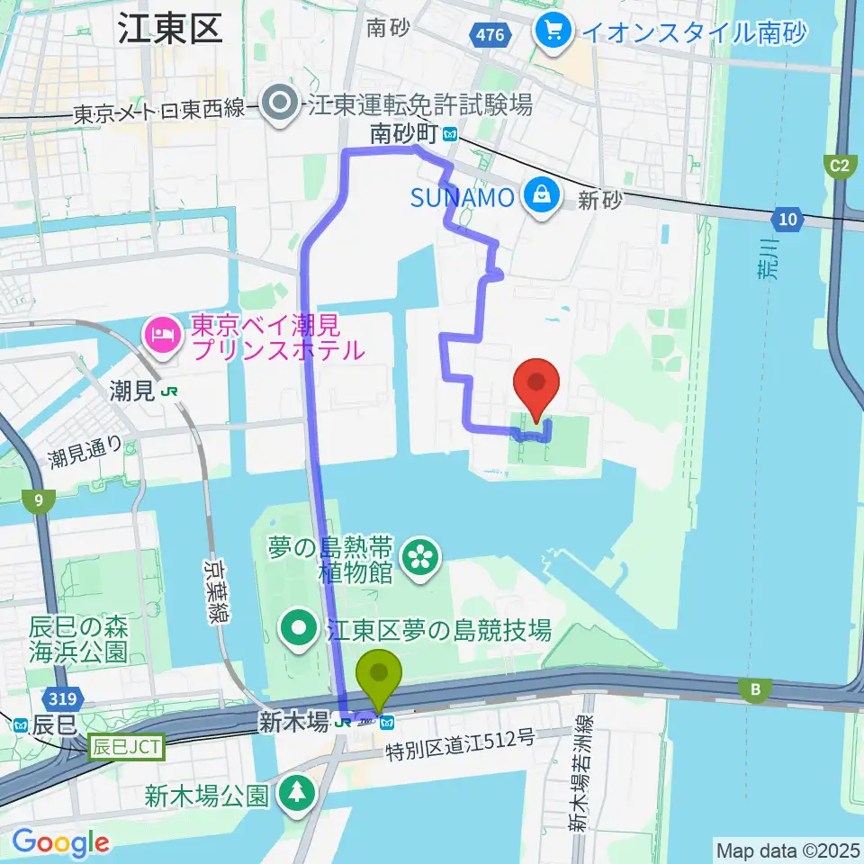 新木場駅から新砂運動場第一・第二運動場へのルートマップ地図