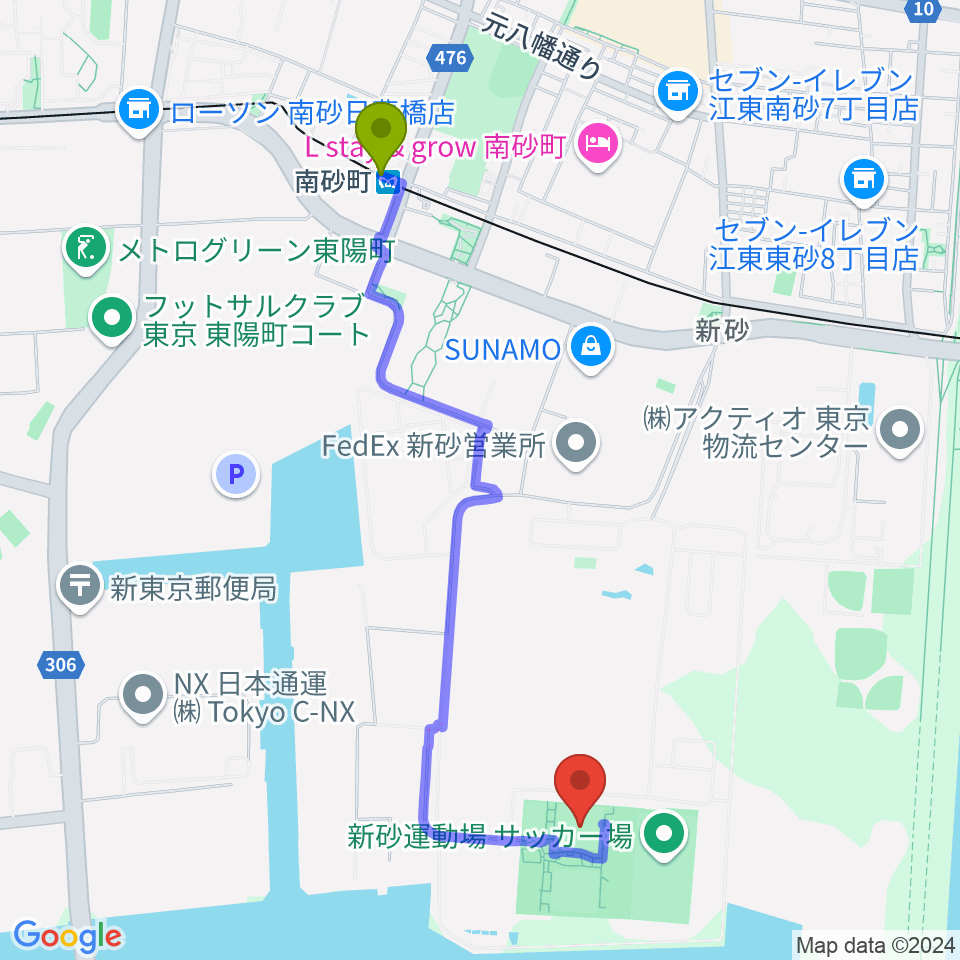 新砂運動場第一・第二運動場の最寄駅南砂町駅からの徒歩ルート（約22分）地図