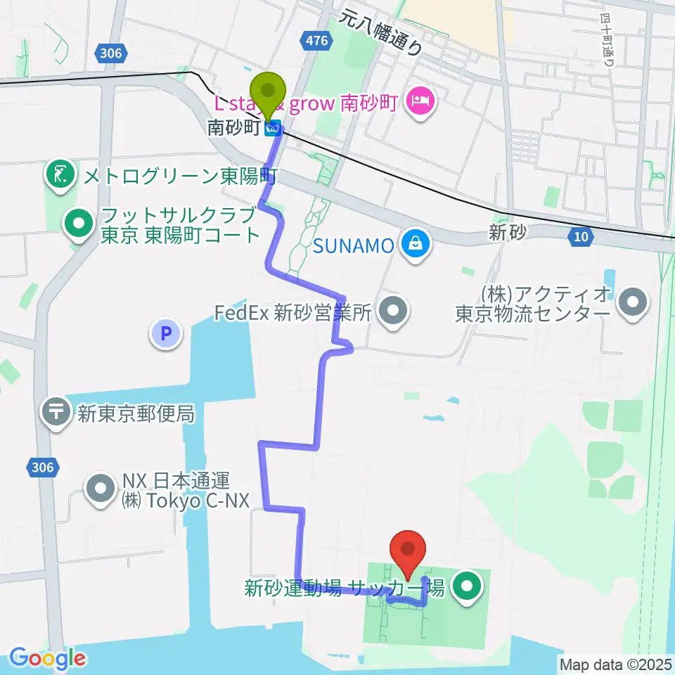 新砂運動場第一・第二運動場の最寄駅南砂町駅からの徒歩ルート（約22分）地図