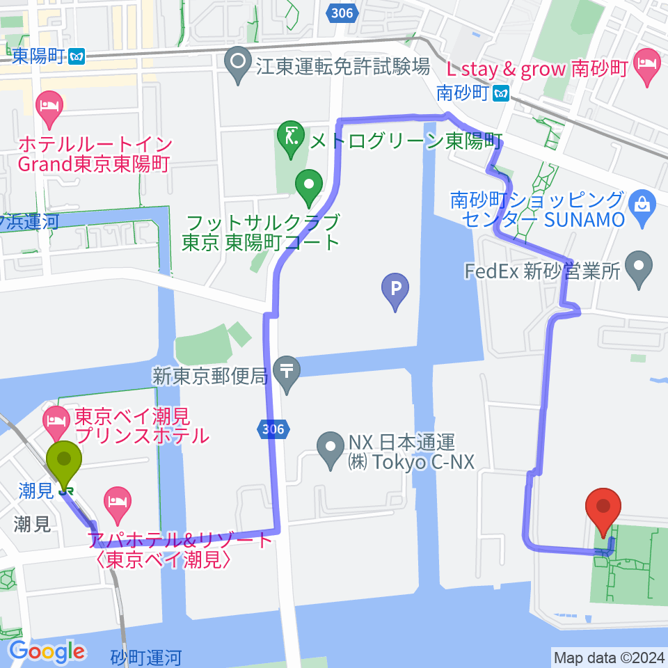 潮見駅から新砂運動場多目的運動場へのルートマップ地図