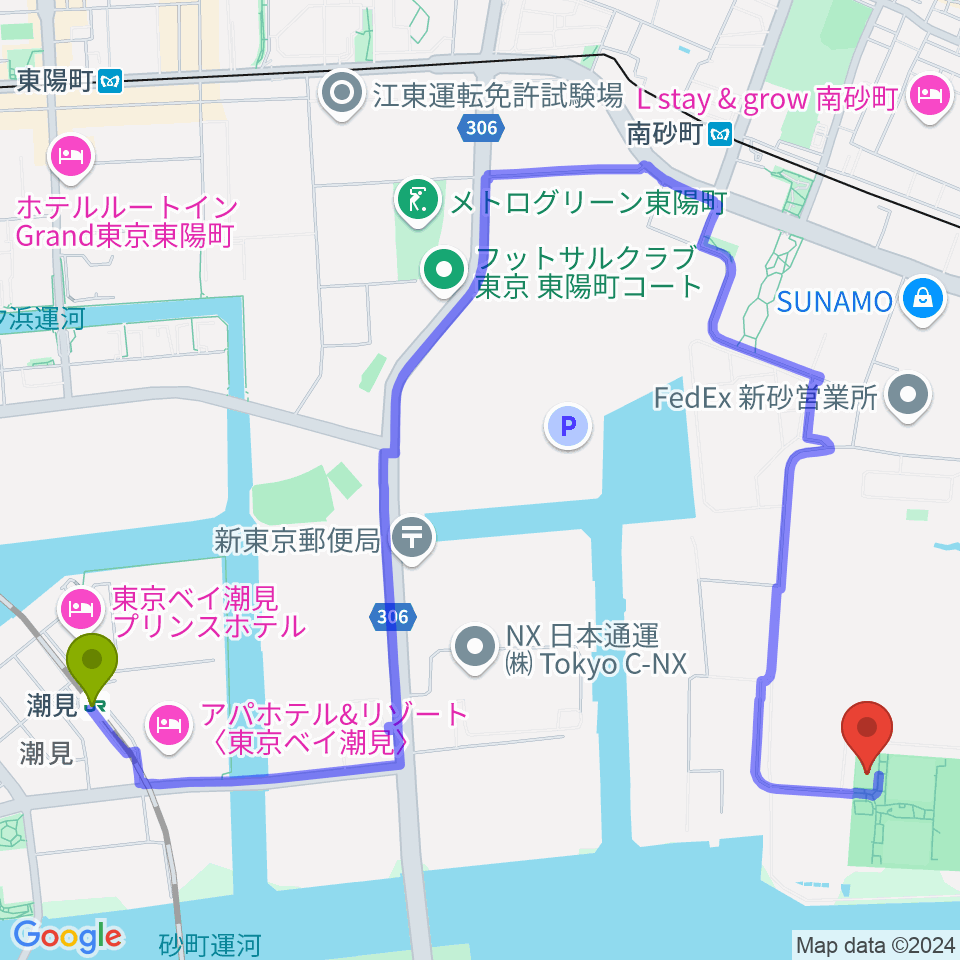 潮見駅から新砂運動場多目的運動場へのルートマップ地図