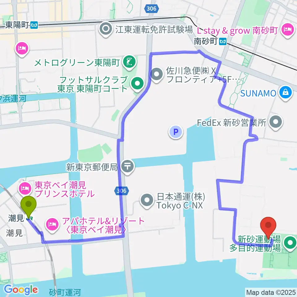 潮見駅から新砂運動場多目的運動場へのルートマップ地図