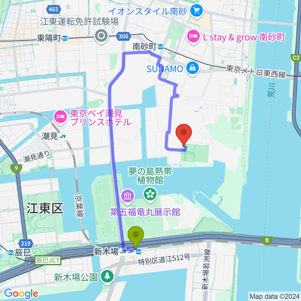 新木場駅から新砂運動場多目的運動場へのルートマップ地図