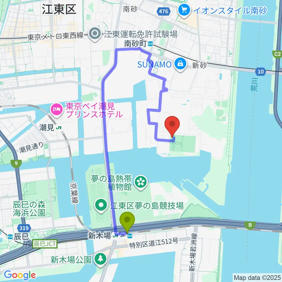 新木場駅から新砂運動場多目的運動場へのルートマップ地図