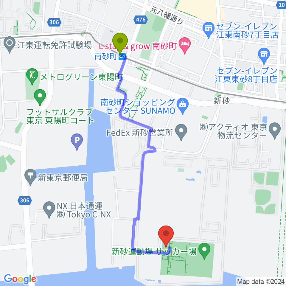 新砂運動場多目的運動場の最寄駅南砂町駅からの徒歩ルート（約21分）地図