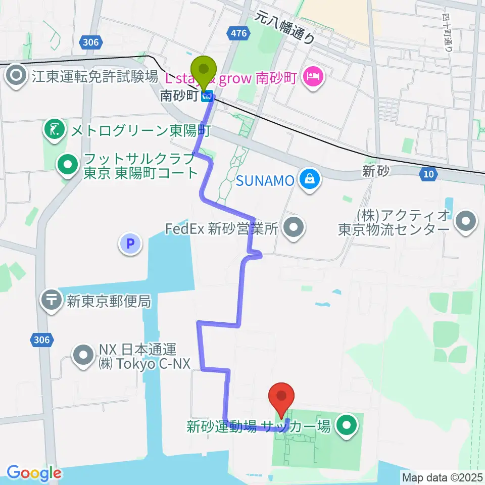 新砂運動場多目的運動場の最寄駅南砂町駅からの徒歩ルート（約21分）地図