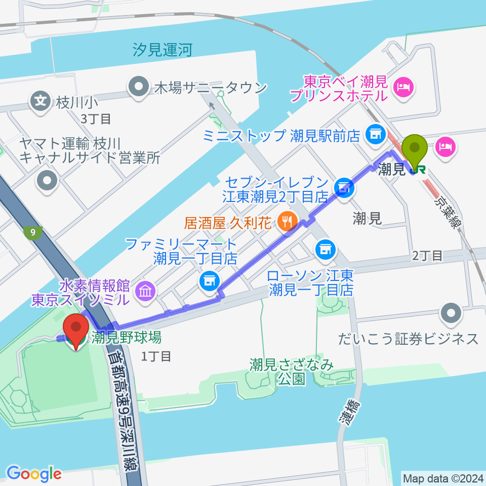 潮見野球場の最寄駅潮見駅からの徒歩ルート（約12分）地図