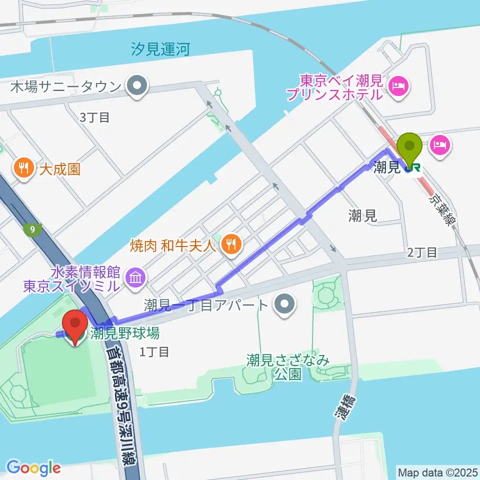 潮見野球場の最寄駅潮見駅からの徒歩ルート（約12分）地図