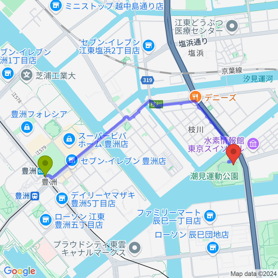 豊洲駅から潮見野球場へのルートマップ地図