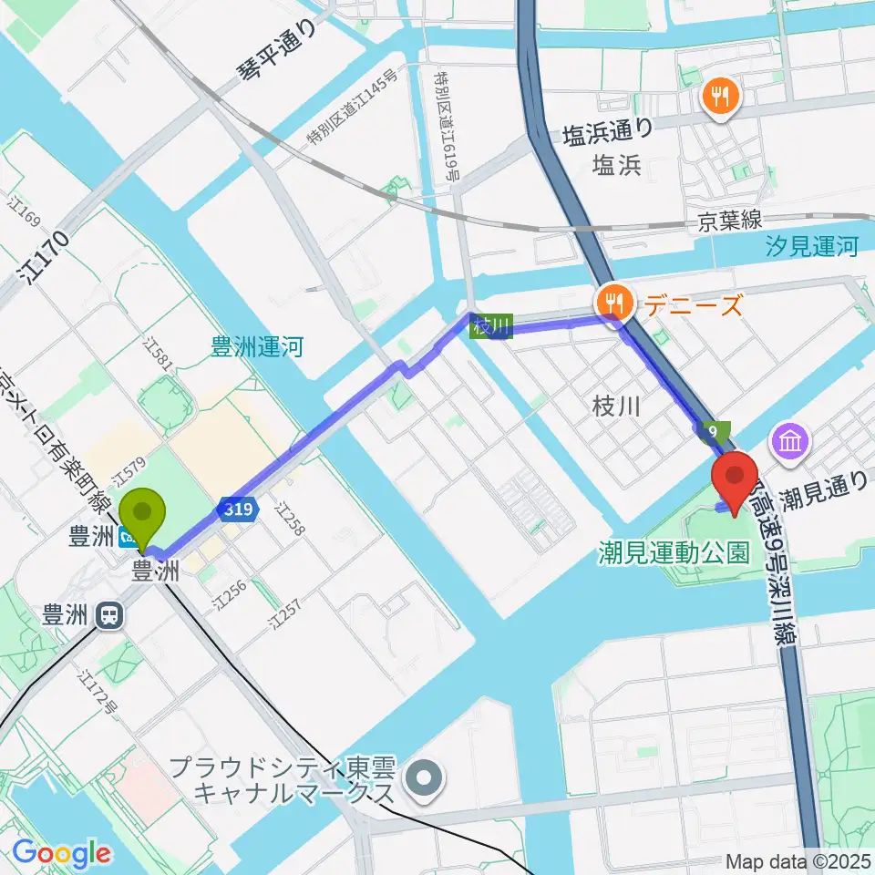 豊洲駅から潮見野球場へのルートマップ地図