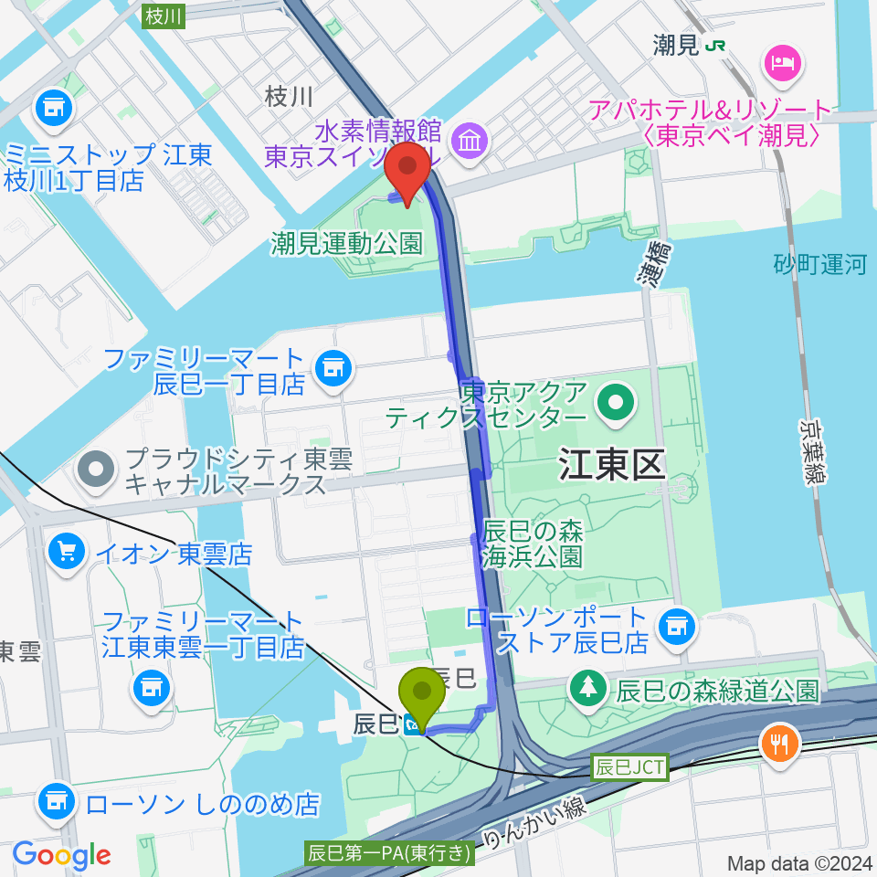 辰巳駅から潮見野球場へのルートマップ地図