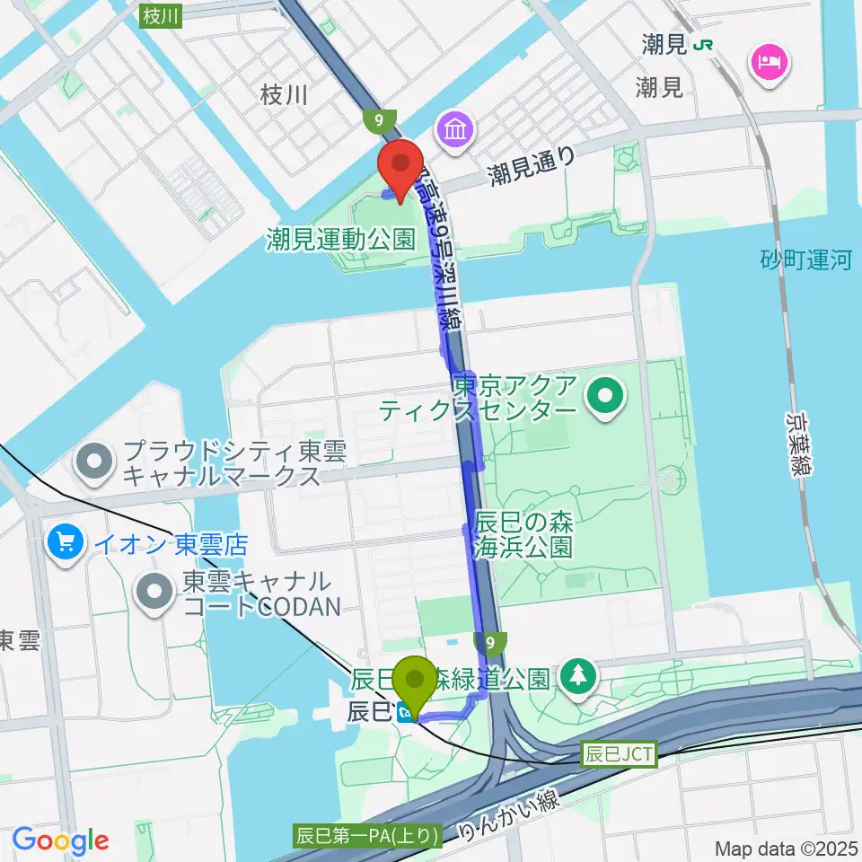 辰巳駅から潮見野球場へのルートマップ地図