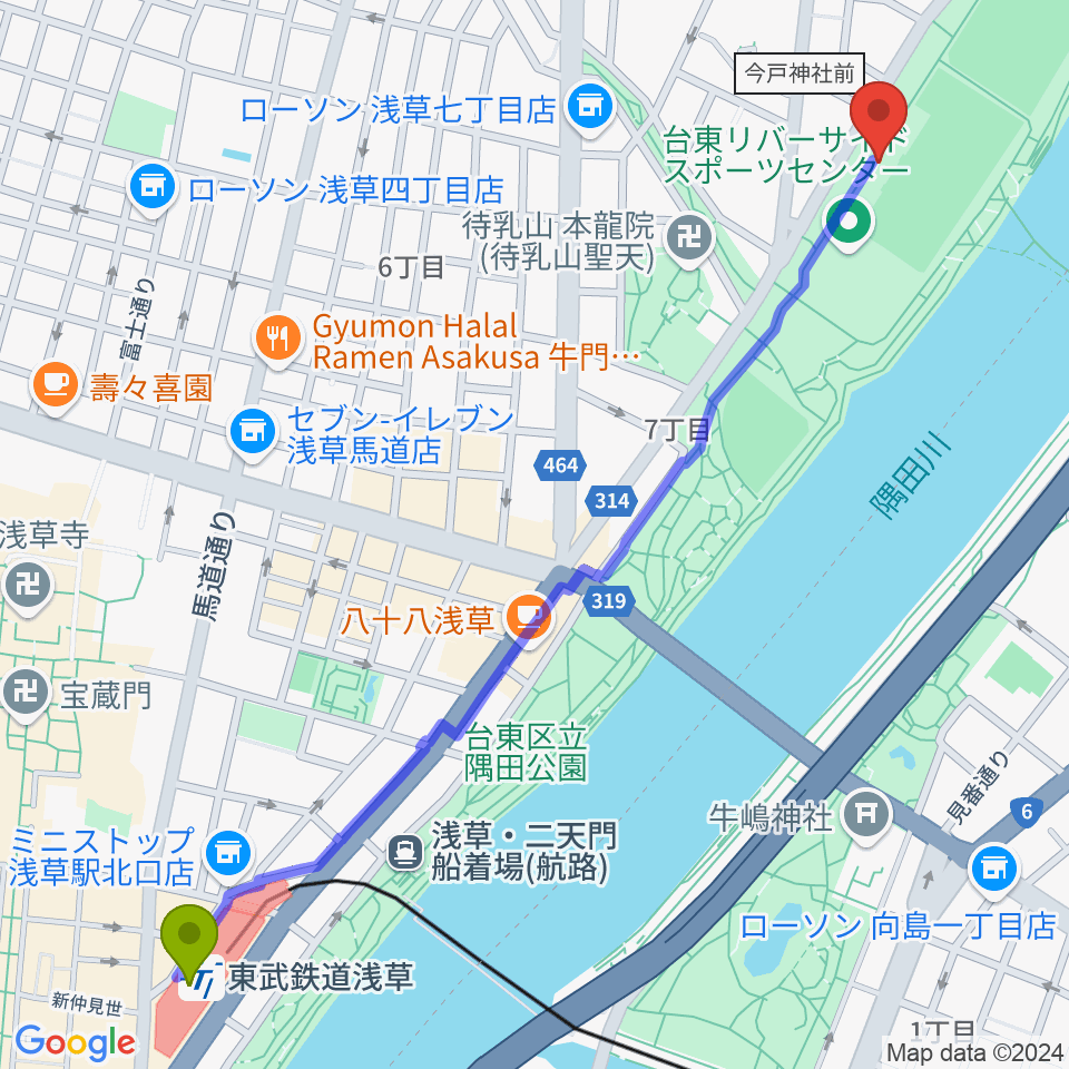 台東リバーサイドスポーツセンター陸上競技場の最寄駅浅草駅からの徒歩ルート（約16分）地図