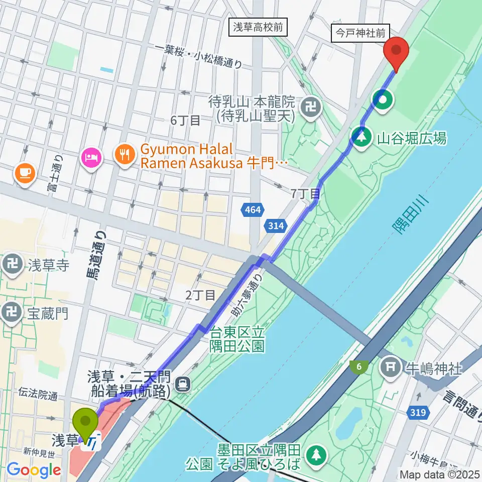 台東リバーサイドスポーツセンター陸上競技場の最寄駅浅草駅からの徒歩ルート（約16分）地図