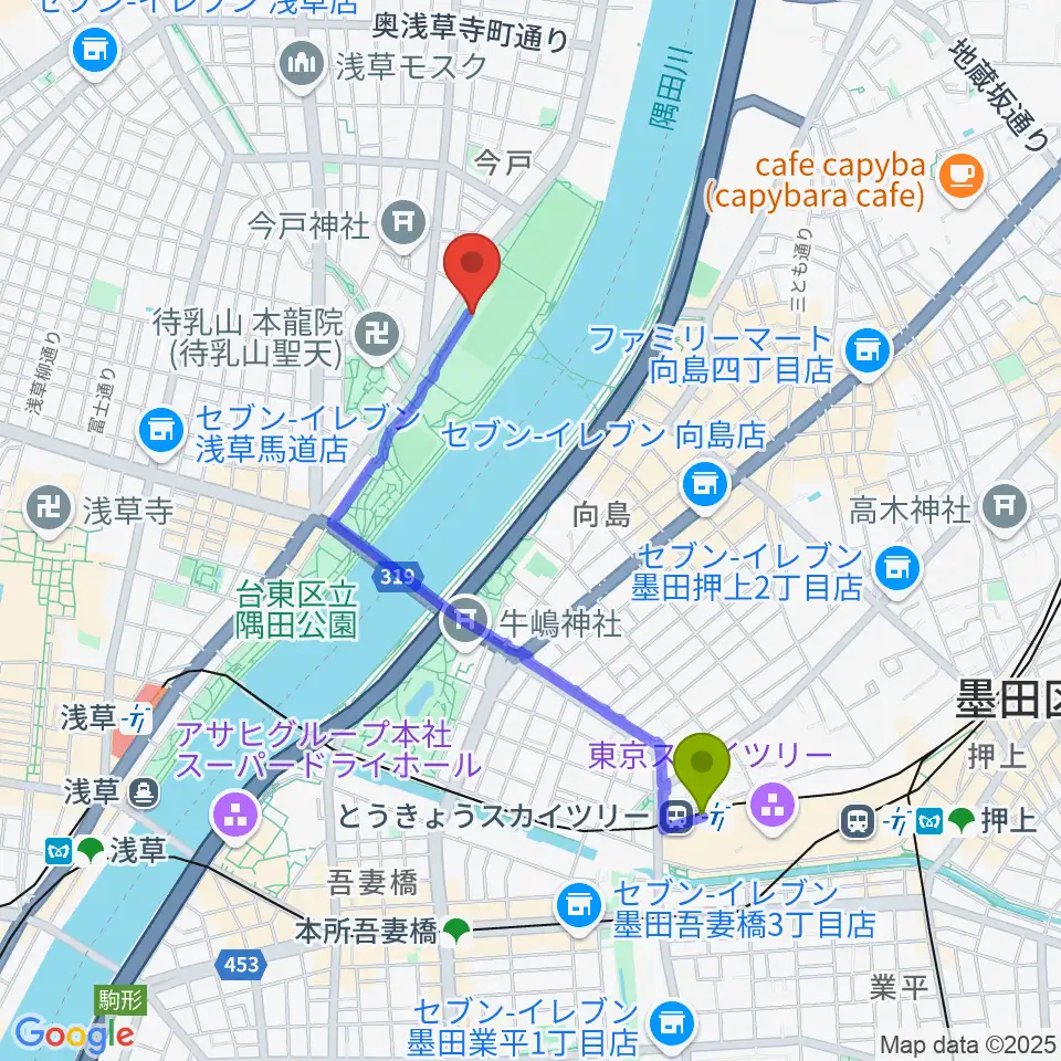 とうきょうスカイツリー駅から台東リバーサイドスポーツセンター陸上競技場へのルートマップ地図