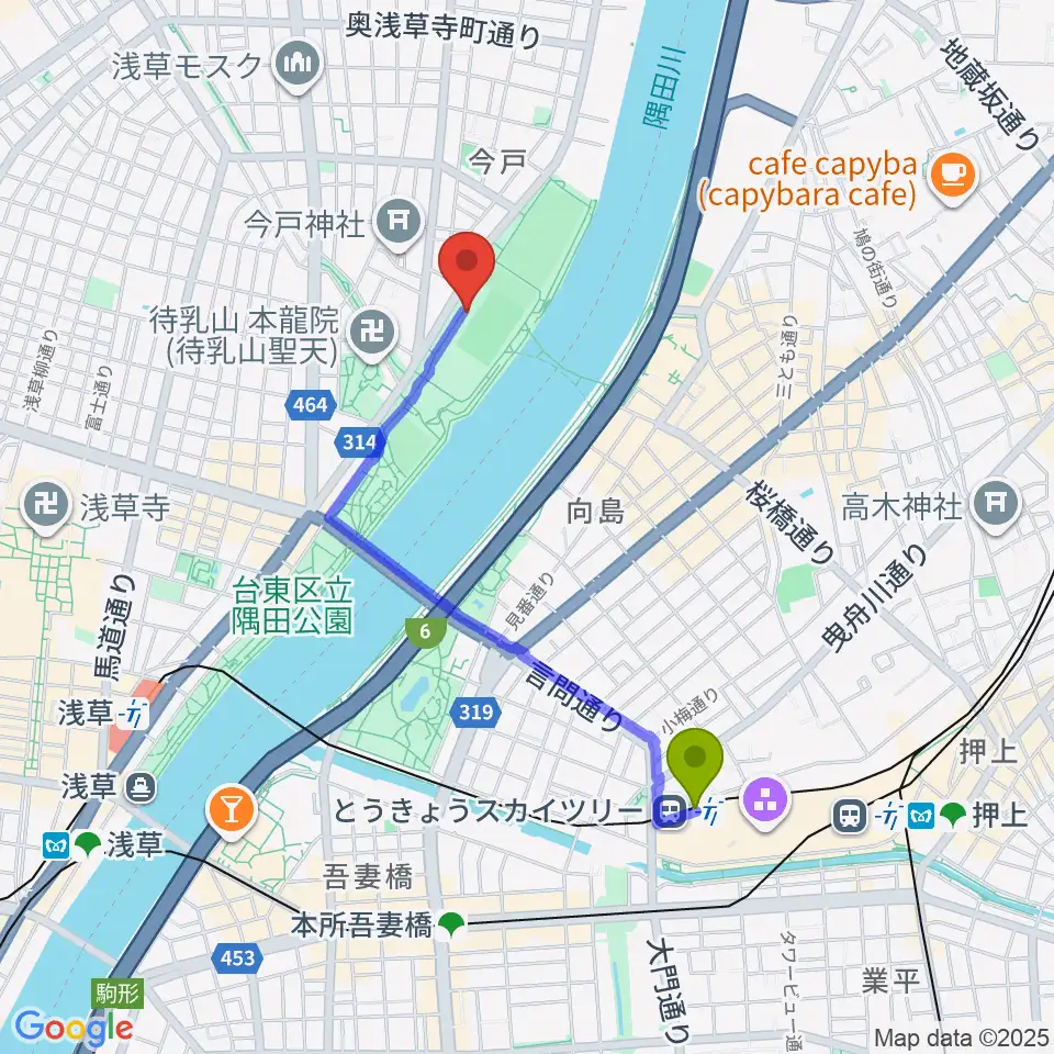 とうきょうスカイツリー駅から台東リバーサイドスポーツセンター陸上競技場へのルートマップ地図